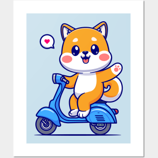 Cute Shiba Inu Waving Hand On Scooter Cartoon Posters and Art